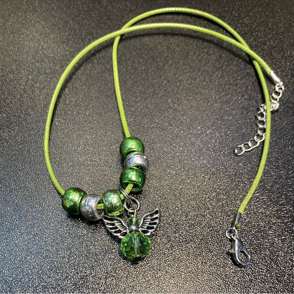 Green Angel Wing Necklace on 18” Cord Neclace
